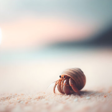 An image of hermit crabs on a minimalist pastel-toned beach