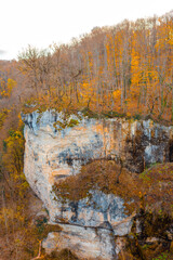 Forested mountains and a gorge below. Lago Naki plateau in autumn. Beautiful vertical natural landscape