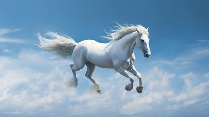  a white horse is galloping through the air with its mane blowing in the wind and clouds in the background.
