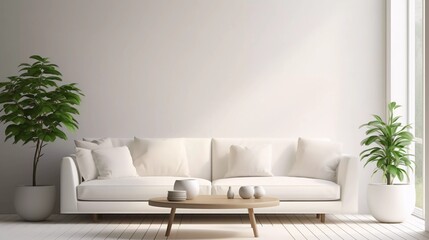 Round table near white sofa, plain colored walls and several plain frames for mockup with copy space, Comfortable minimalist home interior design, modern living room