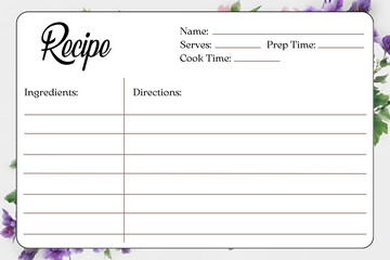 Blank Recipe Cards for Bridal Shower and Wedding, recipe card template, flowers background