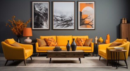 a living room full of yellow couches and framed pictures