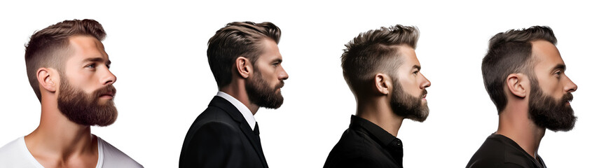 Set of distinguished man with haircut and beard: executive at barber shop, side glance, Isolated on Transparent Background, PNG - obrazy, fototapety, plakaty