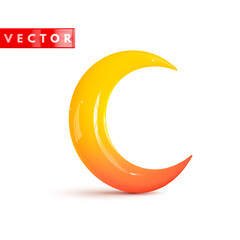 Glossy yellow 3d crescent moon with red gradient realistic style rendering. Yellow cartoon plastic icon crescent moon isolated on white background. Vector illustration