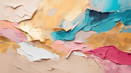 Peinture sur plâtre en relief appliquée à la truelle, effet de texture et de couleurs variées sur base neutre avec touche de rose, de bleu et d'orange