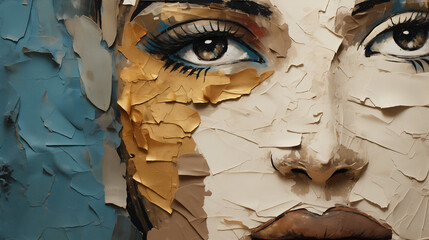 Visage féminin en papier déchiré dans des tons neutres et mat, illustration artistique en relief avec détails de textures et matières