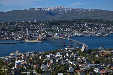 View of Tromso from Sherpa Stairs in Troms og Finnmark county, Norway, Europe

