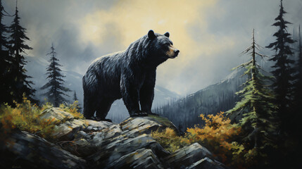Black Bear on Hill - obrazy, fototapety, plakaty