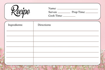 Blank Recipe Cards for Bridal Shower and Wedding, recipe card template, pink flower background