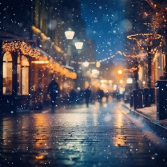Beautiful blurred street of festive night or evening city with snowfall and Christmas lights. Abstract christmas defocused background. 