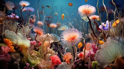  an underwater scene of a coral reef with many different types of corals and sea anemones in the water.