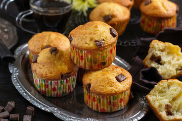Sweet fluffy chocolate chip muffins for dessert - 695089724