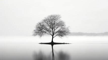  a black and white photo of a lone tree on a small island in the middle of a body of water.