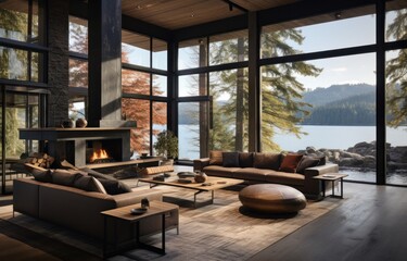 Fototapeta premium a living room with large windows overlooking a lake