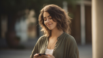young woman looking at her phone and smiling on the sidewalk - obrazy, fototapety, plakaty