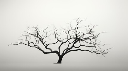  a black and white photo of a bare tree in the middle of a foggy day with no leaves on it.
