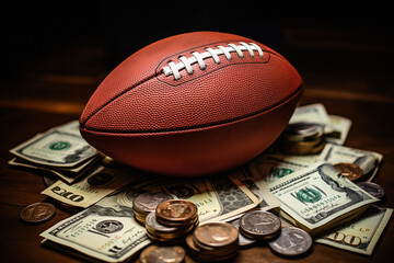 Football on a pile of money sports gambling concept