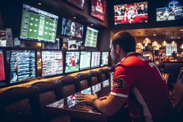 Man at a bar in the casino sports book gambling on the game
