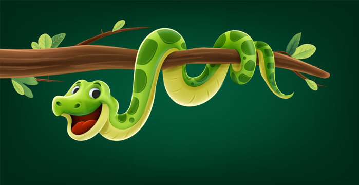cute snake cartoon mascot on tree