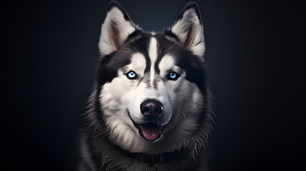 Siberian Husky with Blue Eyes and Fluffy Fur Portrait on Dark Background - obrazy, fototapety, plakaty