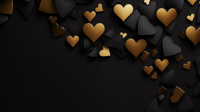 valentine's day theme bunch of 3d black and gold hearts on the top right of empty black background wallpaper