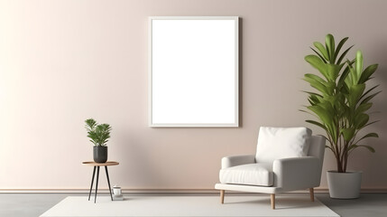 Fototapeta na wymiar Minimalist Living Room with White Armchair and Blank Poster Frame Next to Lush Houseplants