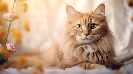 Fototapeta na wymiar Fluffy Ginger Cat Lying Amongst Soft Flowers with Warm Light Background