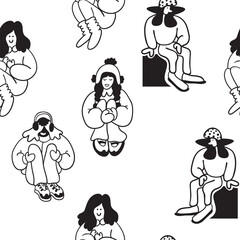 seamless pattern with character in winter clothes in doodle style in vector. People at winter.Template for background, wallpaper, wrapping, textile, fabric, print