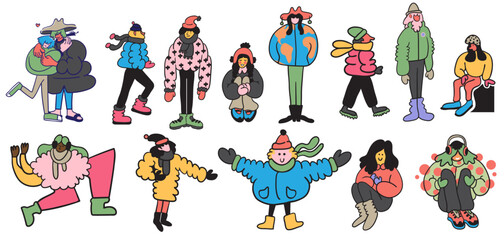 set of characters in winter clothes in doodle style in vector. People at winter.Template for postcard illustration poster sticker