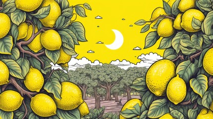  a painting of a grove of lemon trees with a crescent moon in the sky and clouds in the back ground.