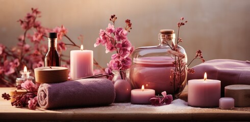 a pink table with flower decorations and spa products