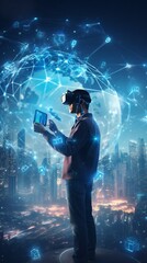 Fototapeta premium \Guy wearing virtual reality glasses. Computers. Virtual experience. Virtual reality headset. Generative AI