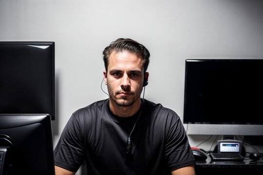 A spy secret agent listening in and wiretapping in using stealth cover operation in a safe room surveilling secretly 