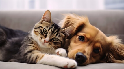 Adorable Cat and Dog Duo Peek Out from Under a Blanket on a Sofa - Capturing a Sweet Moment of Pet...