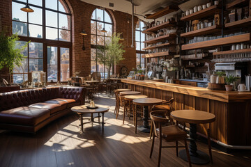 Cozy and inviting interior of a craft coffee shop with large windows, where the warmth of a rustic aesthetic meets modern minimalism, background with copy space