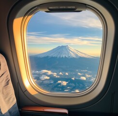 Fototapeta premium a view of a mount fuji mountain is seen through the window of an airplane