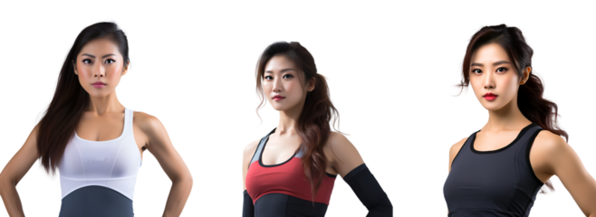 Set of Gym Clothing: An Asian, Korean Fitness Woman’s Showcase, Isolated on Transparent Background, PNG