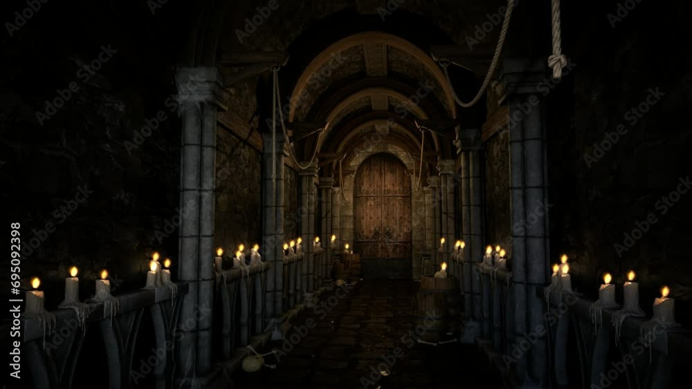 Poster 3d animation of dark moody corridor in an old medieval dungeon lit by candles along the walls.