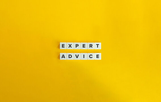 Expert Advice Banner. Text on Block Letter Tiles on Yellow Background. Minimalist Aesthetics.