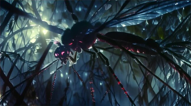 Giant mosquito insect creature in the rainforest zooming in animation