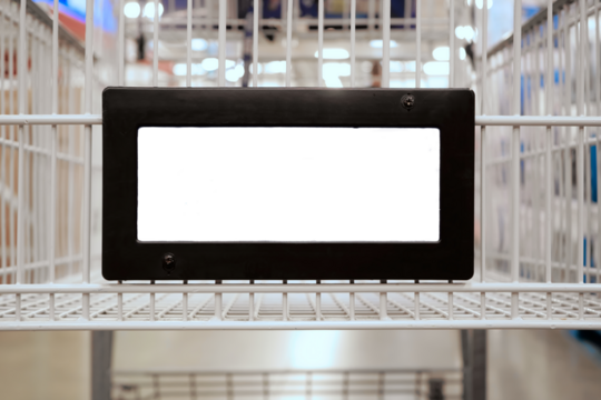 Store interior, shelves and shopping cart photograph with blank transparent placard for brand logo or advertisement mockup. Includes alpha channel in png.