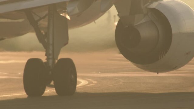 Turbine engine of passenger plane in operation before takeoff