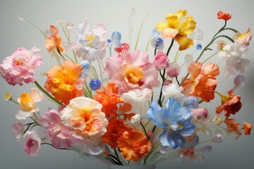 Beautiful bouquet of colorful assorted flowers on a light background, illustration