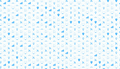 Seamless pattern of blue icons representing digital marketing and social media on a white background. - obrazy, fototapety, plakaty