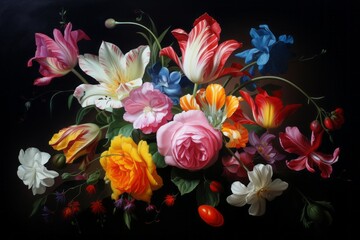 Beautiful bouquet of colorful assorted flowers on a dark background, illustration