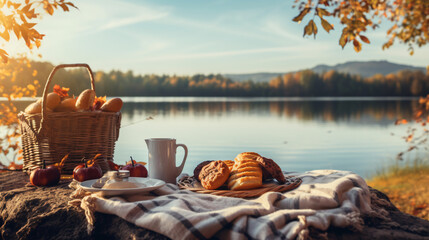 Breakfast Picnic Outside on a Beautiful Autumn Day - obrazy, fototapety, plakaty