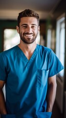 Young smiling doctor or nurse in blue uniform close-up, portrait of a smiling doctor in clinic looking at camera