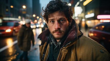 Fototapeta na wymiar A bearded man in a jacket standing on the street in rainy weather.