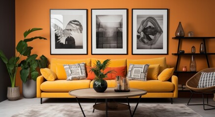 an orange couch with framed pictures in a living room