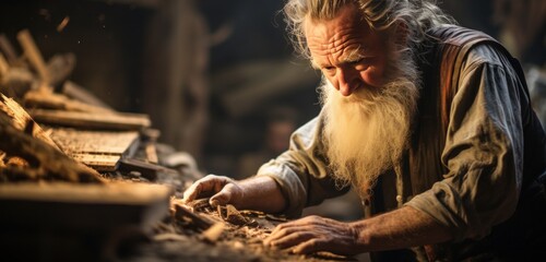 an old man plows through wood in an old working shop